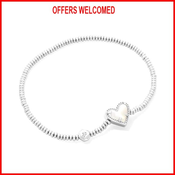 Rhodium Plated Brass Stretch Bracelet with Mother of Pearl
